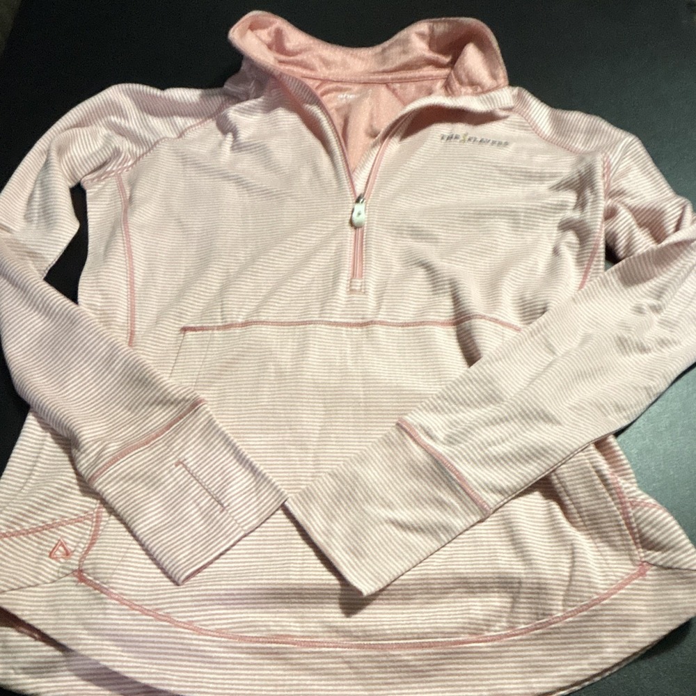 Ahead Casuals The Players Women's M Pink White Striped 1/4 Zip Mock Neck Golf